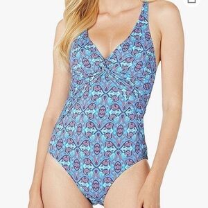 Nwt Bleu Rod Beattie St. Tropez Print Plunge One Piece Swimsuit - SZ 14